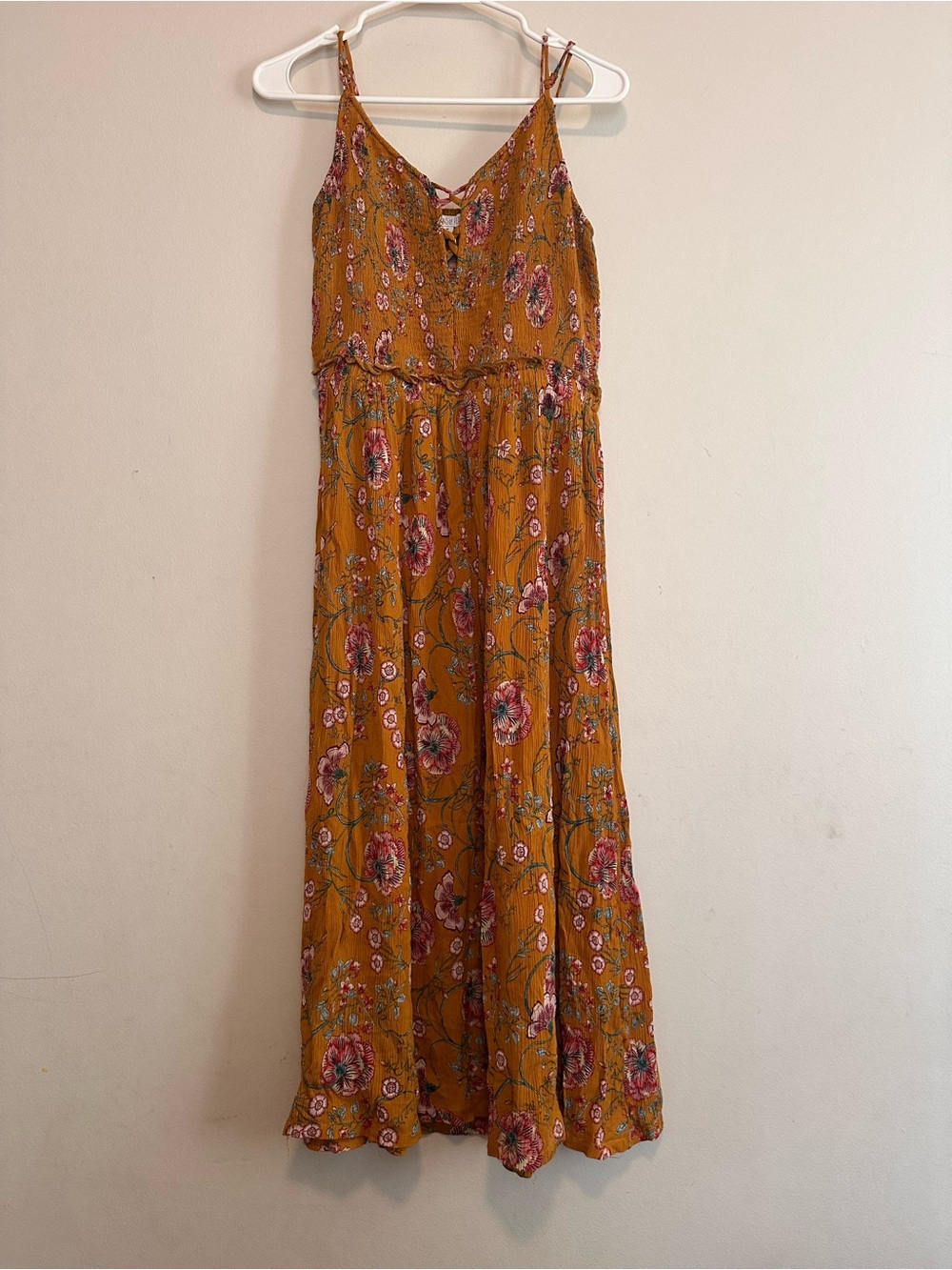 Patrons of Peace Mustard Floral Midi Dress with Spaghetti Straps Medium